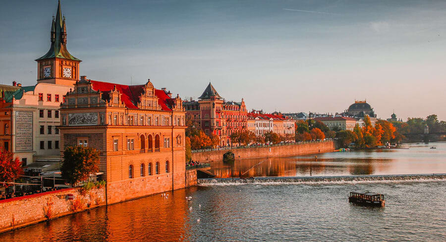 Prague waterfront at sunset